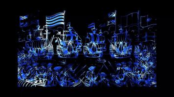 Glowing looping Columbus Day European countries competing for colonization. neon frame effect, black background. video