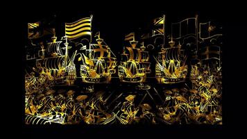 Glowing looping Columbus Day European countries competing for colonization. neon frame effect, black background. video