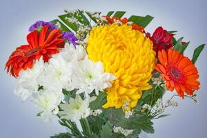 Bouquet of flowers from red gerberas and chrysanthemums on white background with vignettes photo