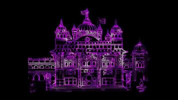 Glowing looping Diwali Day Golden Temple illuminated during Diwali. neon frame effect, black background. video