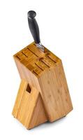 Wooden stand with single stab knife isolated on white background with shadow photo