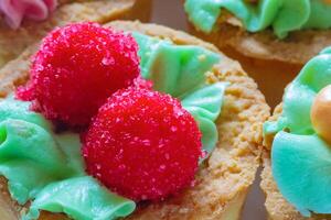 Close up view of a shortbread cake with cream in the shape of red berries on top photo