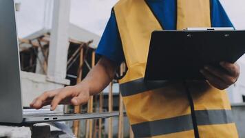 Construction worker, tablet and portrait of man with research and digital data for solar panel installation. Happy, engineer and male contractor with eco and energy project with tech and online plan video