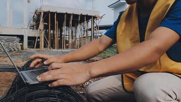 Construction worker, tablet and portrait of man with research and digital data for solar panel installation. Happy, engineer and male contractor with eco and energy project with tech and online plan video