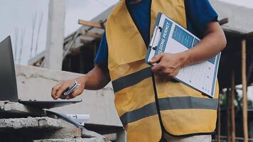 Construction worker, tablet and portrait of man with research and digital data for solar panel installation. Happy, engineer and male contractor with eco and energy project with tech and online plan video