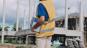 Construction worker, tablet and portrait of man with research and digital data for solar panel installation. Happy, engineer and male contractor with eco and energy project with tech and online plan video