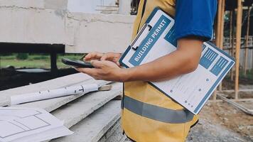 Construction worker, tablet and portrait of man with research and digital data for solar panel installation. Happy, engineer and male contractor with eco and energy project with tech and online plan video