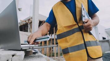 Construction worker, tablet and portrait of man with research and digital data for solar panel installation. Happy, engineer and male contractor with eco and energy project with tech and online plan video