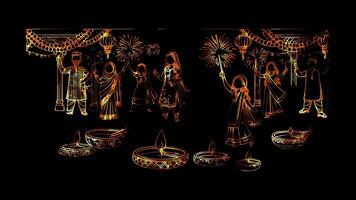 Glowing looping Diwali Day Diwali celebrations in various countrie. neon frame effect, black background. video