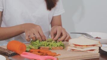 Closeup image of a chef cooking whole wheat sandwich and vegetables salad in kitchen video