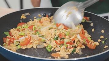 steaming mixed vegetables in the wok, asian style cooking vegetarian and healthy, selected focus, narrow depth of field video