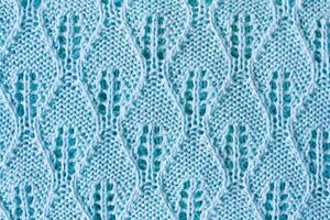 Close up view of a knitted product made from light blue cotton yarn with openwork pattern as texture, background photo
