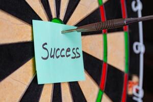 Dart hit the centre of target and attaches sticker with inscriptions success photo
