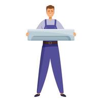 Technician smiling and holding an air conditioner unit vector