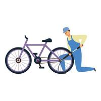 Bicycle mechanic inflating tire with hand pump in workshop vector
