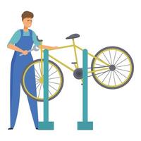 Bicycle mechanic repairing bike using wrench in workshop vector