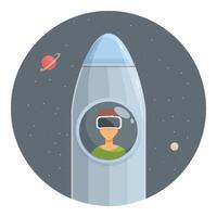 Young man wearing vr headset exploring space from rocket window vector