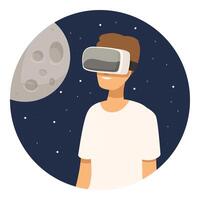 Man wearing vr headset exploring metaverse with moon background vector