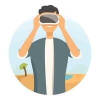 Smiling young man using virtual reality glasses experiencing virtual travel to exotic country vector
