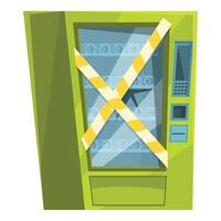 Broken vending machine behind barrier tape indicating malfunction vector
