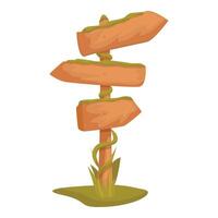 Wooden signpost overgrown with grass pointing in three directions vector