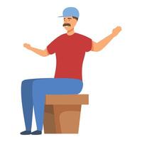 Delivery man sitting on wooden bench and explaining something vector