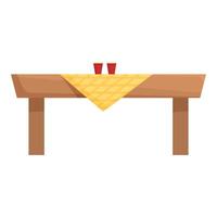 Wooden table covered with yellow tablecloth and two red cups standing on top vector