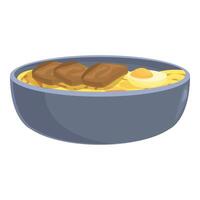 Grey bowl filled with ramen noodles, meat, and a soft boiled egg vector
