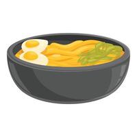 Steaming bowl of ramen noodles garnished with eggs and greens vector