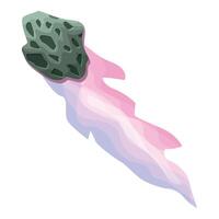 Green asteroid flying leaving colorful trace in space vector