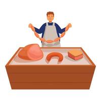 Butcher holding string of sausages over counter with meat products vector