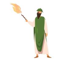 Medieval man holding torch wearing green tunic and cap vector