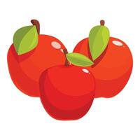 Three shiny red apples with green leaves are lying vector