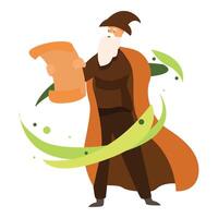 Senior sorcerer reading a magic spell from old scroll with green sparkles around him vector