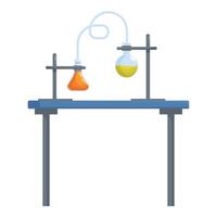 Chemical experiment with connected flasks on table in laboratory vector