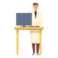 Male scientist standing near desk with computer, science laboratory worker character conducting research vector