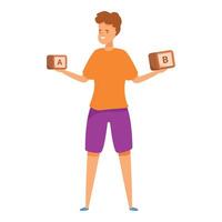 Smiling young man choosing between option a and b holding two wooden cubes vector