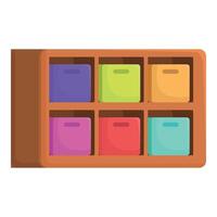 Wooden shelf holding colorful storage boxes for efficient organization vector