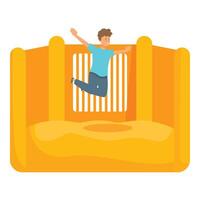 Young boy having fun jumping on inflatable bouncy house at amusement park vector
