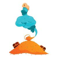 Blue genie emerging from magic lamp with treasure chest and gold coins vector