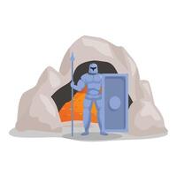 Medieval warrior guarding treasure cave with spear and shield vector