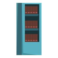 Blue library bookshelf standing with folders containing documents, bookshelf with folders on shelves for storing files, office furniture design element vector