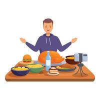 Food blogger making using smartphone at table full of food vector