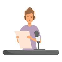 Radio host is recording a podcast, speaking into a microphone and reading from a script vector