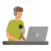 Radio host speaking into microphone recording podcast vector