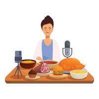 Food blogger recording using smartphone and microphone vector