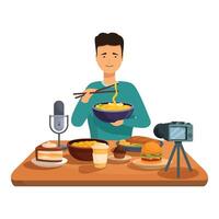 Food blogger recording using camera on tripod and eating noodles vector