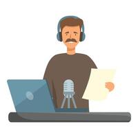 Radio host speaking into microphone recording podcast vector