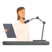 Radio host speaking into microphone, holding tablet, broadcasting in studio vector