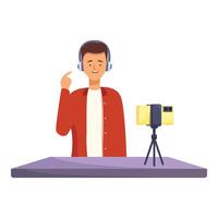 Blogger recording blog sitting at desk using smartphone vector